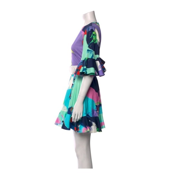 Leo Lin Illusory Mini Dress Belted Flutter Sleeve Ruffle Hem Abstract Print 6 - Picture 4 of 7